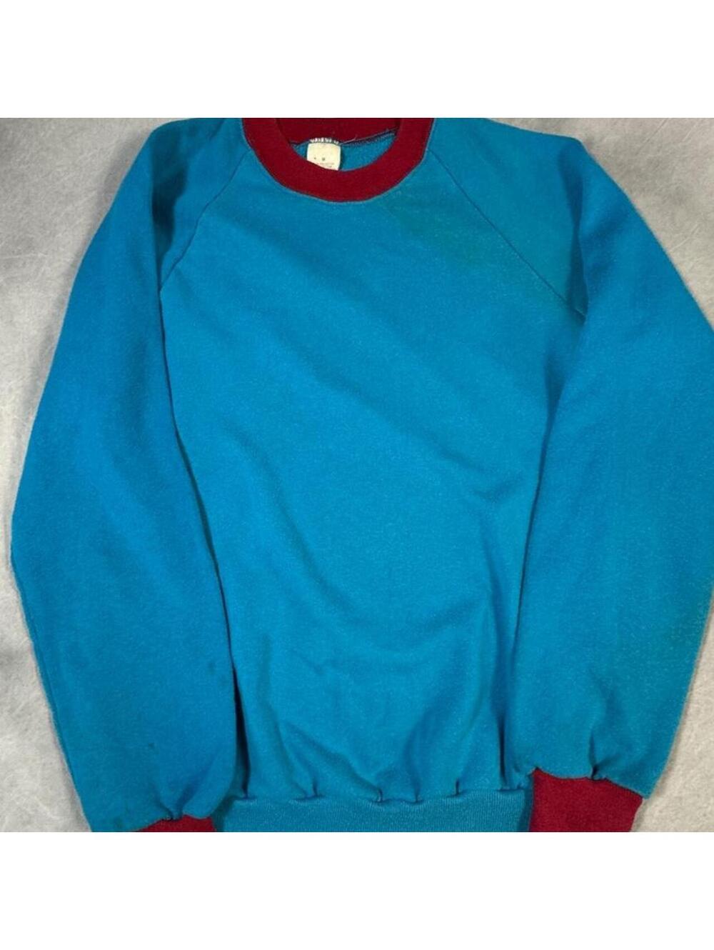 Vintage 80s Made in USA Turquoise Burgundy Raglan Sweatshirt Medium 50/50